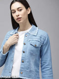 Stylish solid denim 3/4 sleeve light jacket, ideal for casual wear in S (34in bust, 21in length) & M (36in bust, 21in length) - India origin