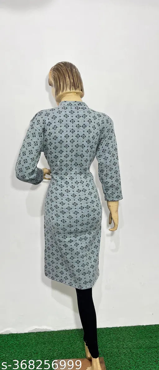 Grey woolen knee-length dress with flared sleeves and front button closure