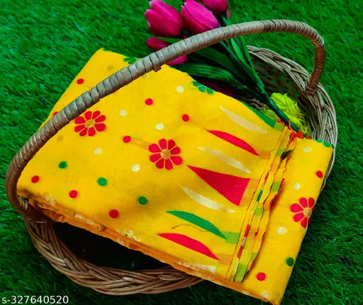 Trending yellow spun Jamdani cotton saree with Jequarard design, lightweight and soft for casual, wedding, party & festive occasions