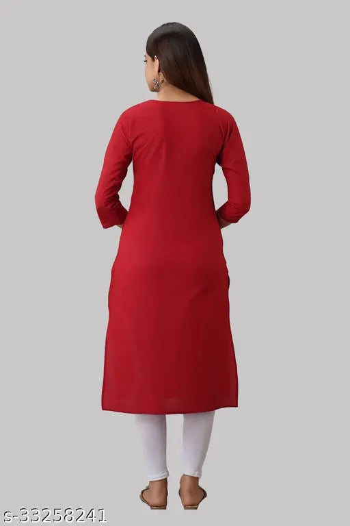 Red embroidered rayon kurti, three-quarter sleeves, trendy Indian fashion