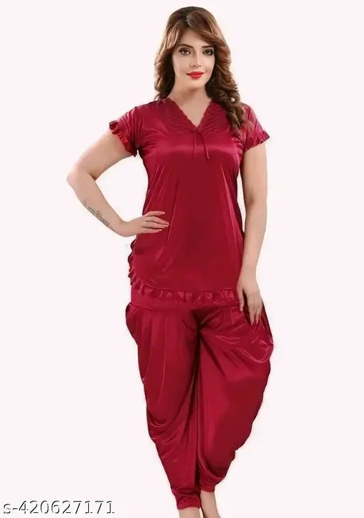 Purple satin women's nightsuit set with patiala pants, trendy fashion for girls and women, India origin