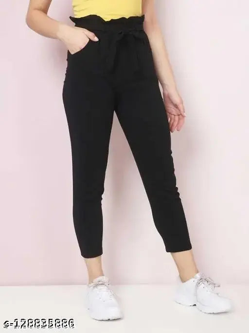 Black high waist pants with elastic waistband, women's casual trousers