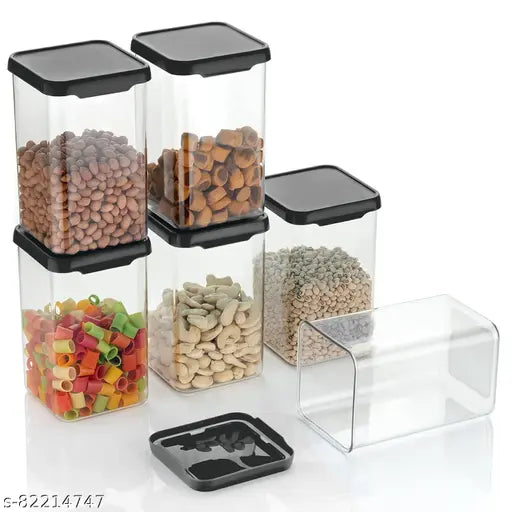 Six-pack set of clear, airtight, square plastic containers with black hinges and lids for kitchen storage. #1100ml #unbreakable #airtight