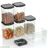 Six-pack set of clear, airtight, square plastic containers with black hinges and lids for kitchen storage. #1100ml #unbreakable #airtight