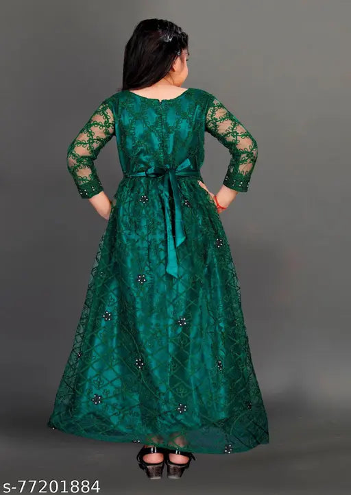 Green net ethnic gown for girls, embroidered with 3/4 sleeves, size 4-14 years, India origin
