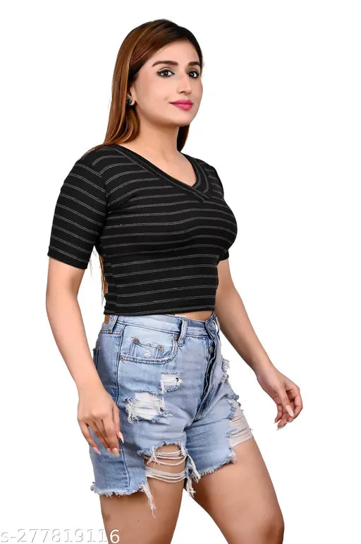 Black striped cotton crop top with short sleeves and V-neck, stylish women's fashion wear for summer
