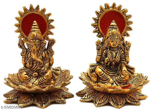 Metallic Lord Laxmi and Ganesh idol statue on a lotus flower, showcasing pooja figurine for home decor