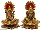 Metallic Lord Laxmi and Ganesh idol statue on a lotus flower, showcasing pooja figurine for home decor