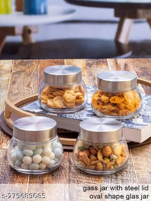 Oval glass jars set of 8, each 300ml with silver steel lids, for spices, honey, jam, dried fruit