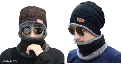 Comfortable wool men's capneck set (pack of two), soft & warm with fur lining, self-design pattern, ideal for chilly weather, China origin