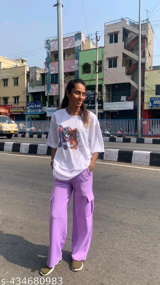 Purple cotton women's cargo pants four pockets