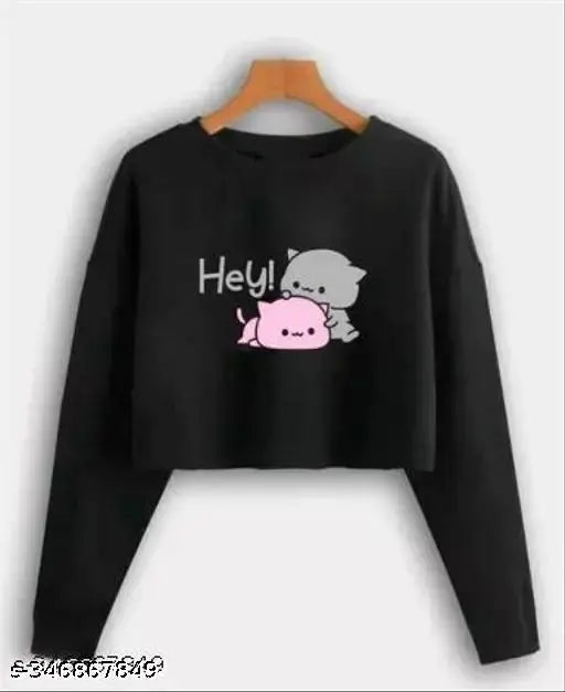 Classic black cotton blend full sleeve t-shirt, printed net pattern for women's summer wear - Made in India