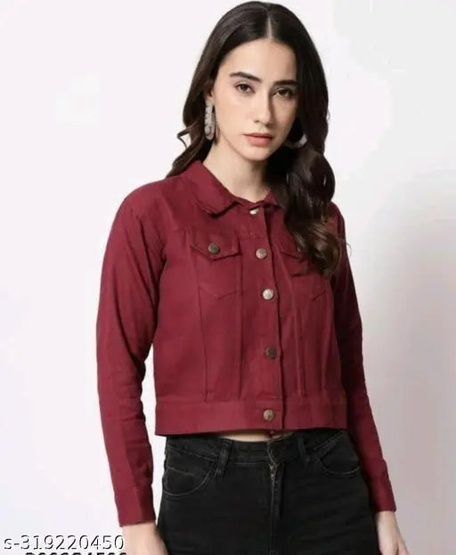 Maroon denim women's jacket, solid pattern, long sleeves, size S (34in bust, 20in length), Made in India
