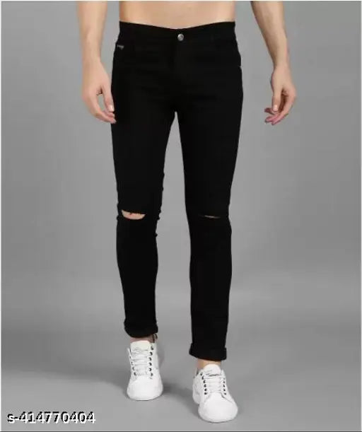 Cotton blend solid knee-cut jeans for men, perfect fit by CSURGO from Shriradhe Enterprises