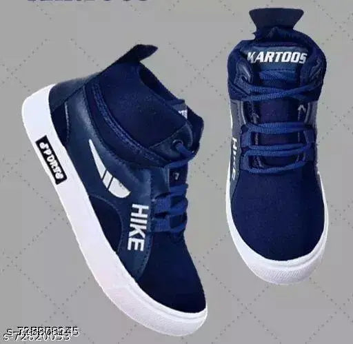 Blue high top sneaker with white sole, black laces, and silver branding
