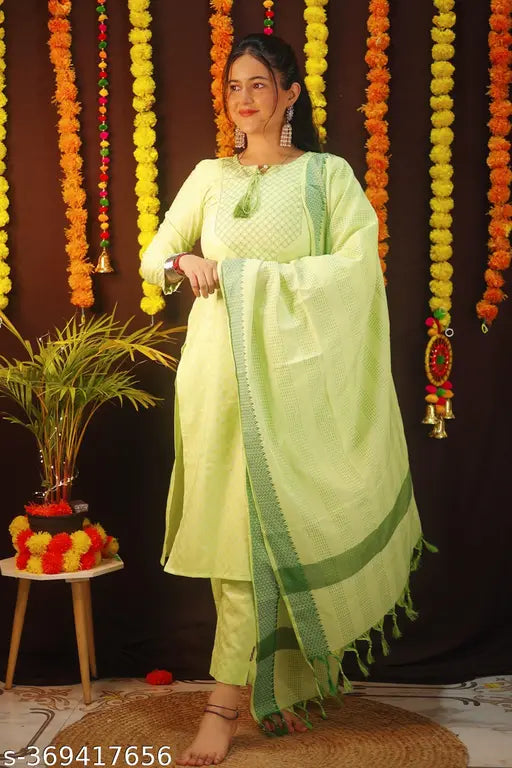 Yellow and green paisley embroidered kurta pant set, dupatta included