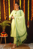 Yellow and green paisley embroidered kurta pant set, dupatta included