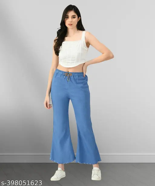Stretchable, premium denim bell bottom jeans in dark blue color for women, plus size, with elastic waist and ankle cuff pants