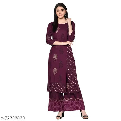 Wine rayon block print straight kurta, 3/4 sleeves, perfect for festive or wedding wear