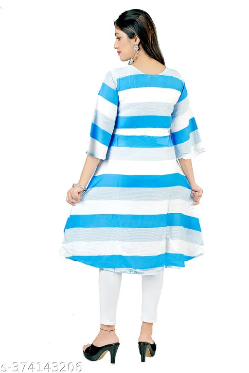 Striped rayon three-quarter sleeve Kurtis & Kurtas for girls aged 13-16, featuring a net pattern
