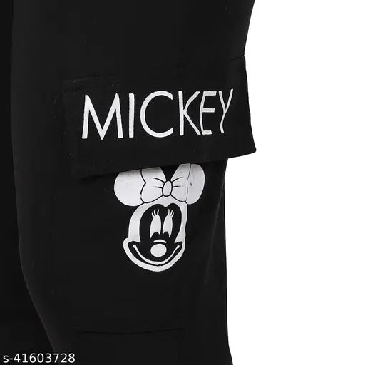 Feminine fashionable black jogger pants with Mickey Mouse design, printed ankle length, size XS-XXL