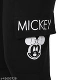 Feminine fashionable black jogger pants with Mickey Mouse design, printed ankle length, size XS-XXL