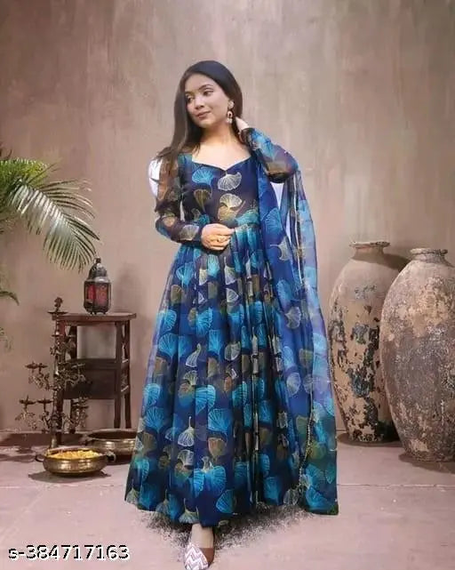 Classy printed Georgette short-sleeved women's gown, India