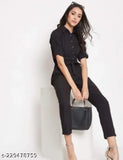 Black crepe collared jumpsuit with three-quarter sleeves, beautifully designed for women