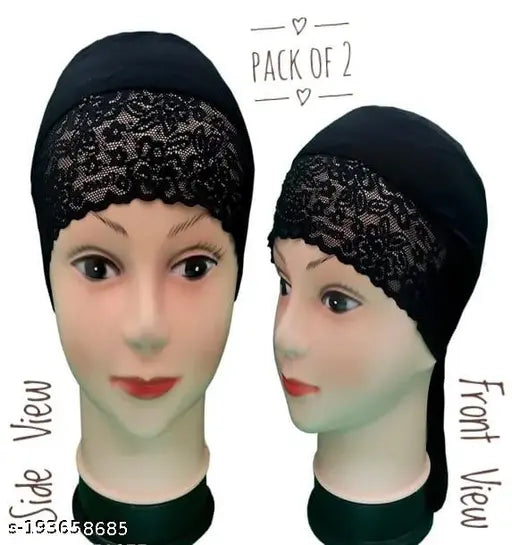 Black hijab cap with lace detailing, 2 in a pack