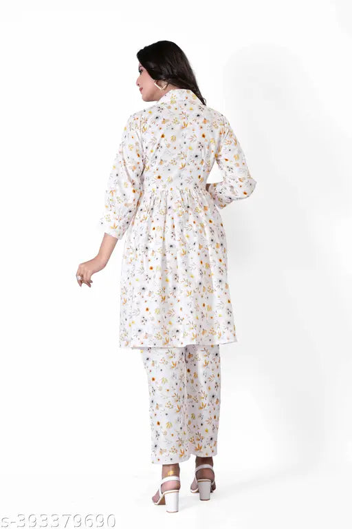 Multi-colored cotton net Rajasthani printed co-ord set for women's casual style, featuring 3/4th sleeves and fit & flare silhouette. Perfect gift for every lady. India origin