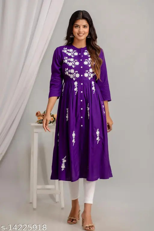 Violet Rayon Chikankari Anarkali Kurti, Indian embroidered rayon women's clothing for festivals and parties, three-quarter sleeves, S-XXL sizes