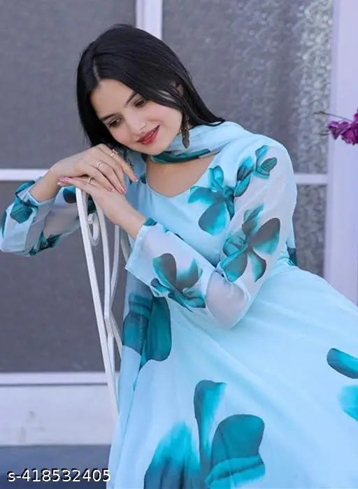 Women's printed Georgette gown with long sleeves, vibrant summer fashion Kurta with dupatta, soft fabric, stunning and beautiful, size S-XXXL, India origin