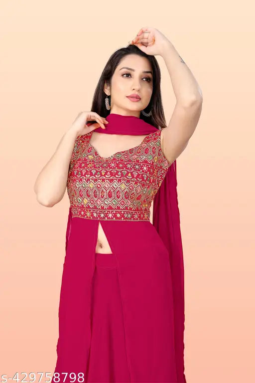 Embroidered designer georgette kurta set with palazzos, sleeveless, embroidered net thread work - ready to wear Indian fashion