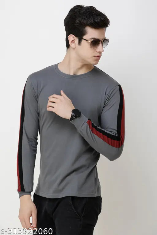 Grey cotton long-sleeve solid men's round neck t-shirt on hanger
