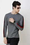 Grey cotton long-sleeve solid men's round neck t-shirt on hanger