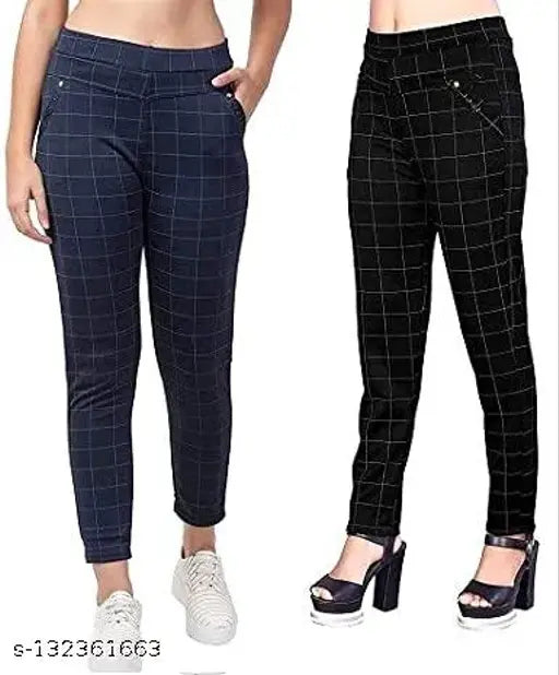 Check jeggings lycra, checked pattern, versatile bottom wear for women
