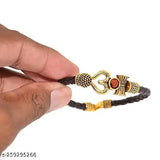 Handcrafted spiritual brown dyed leather Trishul Damru Rudraksha Beads silver-plated bracelet/belt, Adi Shankara design, perfect for men/women