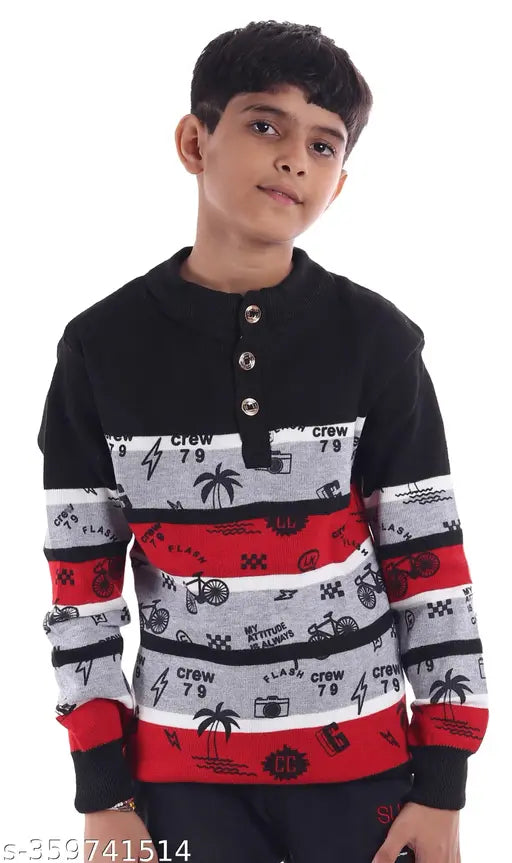 Boys striped wool sweater, long sleeves, 6-7 years size, handmade Indian knitwear