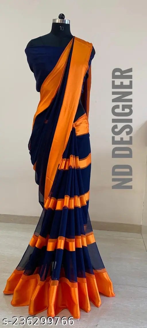 Black and orange saree with silver border, silk pallu