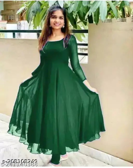 Georgette three-quarter sleeve kurti cum gown, solid color, Indian ethnic wear