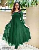 Georgette three-quarter sleeve kurti cum gown, solid color, Indian ethnic wear