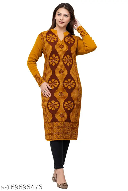 Long brown woolen kameez with embroidered designs, long sleeve