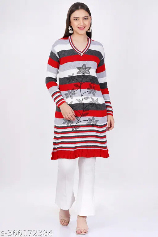 Red and white striped woolen winter kurta with embroidered border