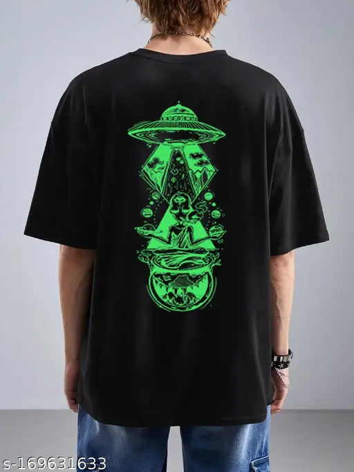 Black oversized round neck graphic print cotton T-shirt by LAVISHOAK Chillme, quick-drying and soft with three-quarter sleeves. Perfect for men's workout or casual wear