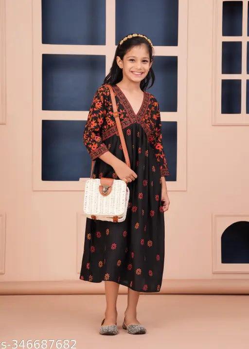 Rayon three-quarter sleeve printed kurtas for girls aged 7-11, Flawsome Fancy Girls collection from India