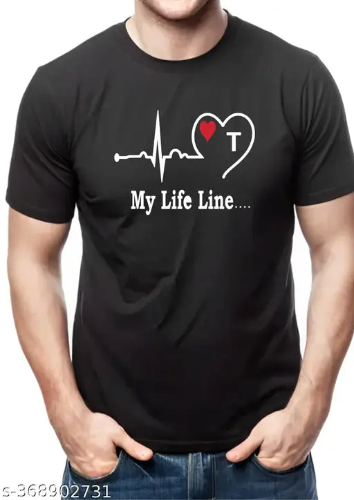 Black polyester men's t-shirt with new design, high quality premium print. Ideal for regular use, short sleeves and available in sizes M, L, XL (39", 41", 43" chest size). Made in India