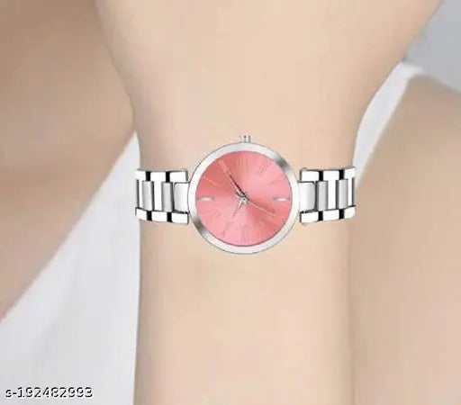 Pink and silver analog watch with a clear face for girls, multicolored stainless steel band, Gilrs and women, trendy fashionable accessory