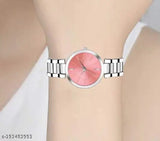Pink and silver analog watch with a clear face for girls, multicolored stainless steel band, Gilrs and women, trendy fashionable accessory