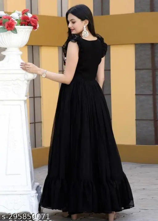 Black and white traditional women's georgette printed anarkali kurti with cap sleeve design, likely 100% cotton material, long length, featuring detailed embroidery