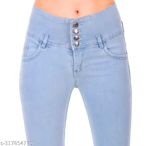 Sky blue denim skinny jeans with buttoned front